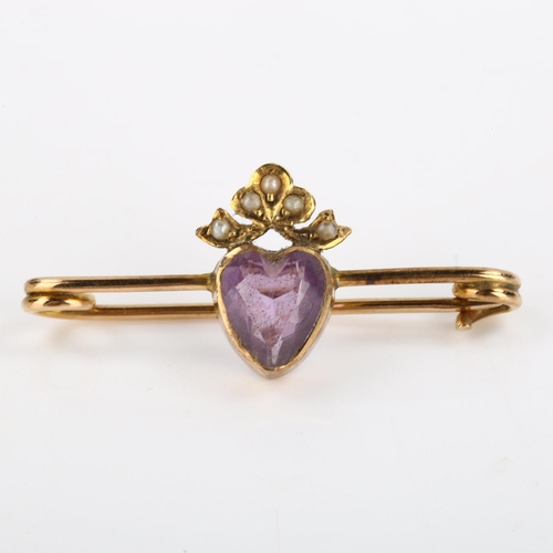 107 - An early 20th century amethyst and pearl sweetheart bar brooch, unmarked gold settings with heart-cu... 