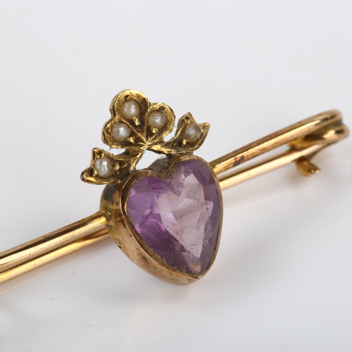 107 - An early 20th century amethyst and pearl sweetheart bar brooch, unmarked gold settings with heart-cu... 