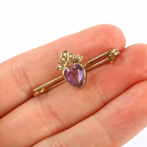 107 - An early 20th century amethyst and pearl sweetheart bar brooch, unmarked gold settings with heart-cu... 