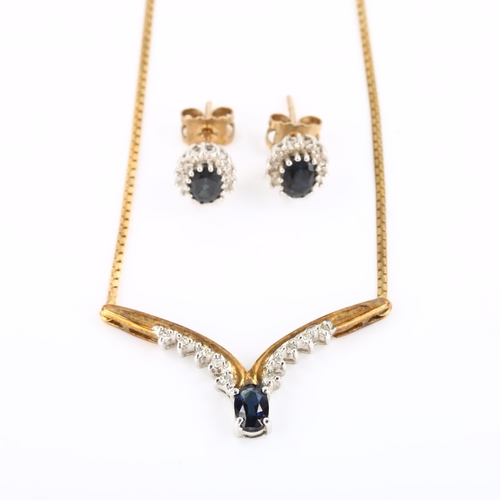 108 - A 9ct gold sapphire and diamond matching necklace and earring set, set with oval mixed-cut sapphires... 