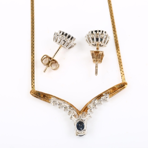 108 - A 9ct gold sapphire and diamond matching necklace and earring set, set with oval mixed-cut sapphires... 