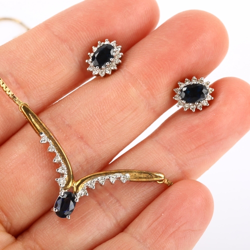 108 - A 9ct gold sapphire and diamond matching necklace and earring set, set with oval mixed-cut sapphires... 