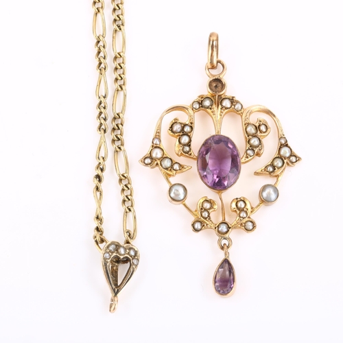 115 - An Edwardian 9ct rose gold amethyst and pearl openwork pendant necklace, on later 9ct fine figaro li... 