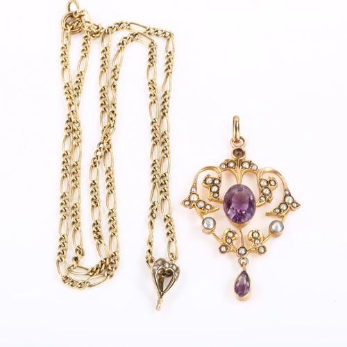 115 - An Edwardian 9ct rose gold amethyst and pearl openwork pendant necklace, on later 9ct fine figaro li... 