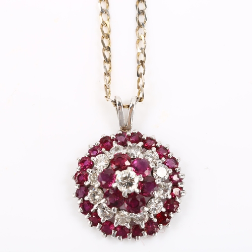 117 - A modern ruby and diamond cluster target pendant necklace, unmarked white gold settings with round-c... 