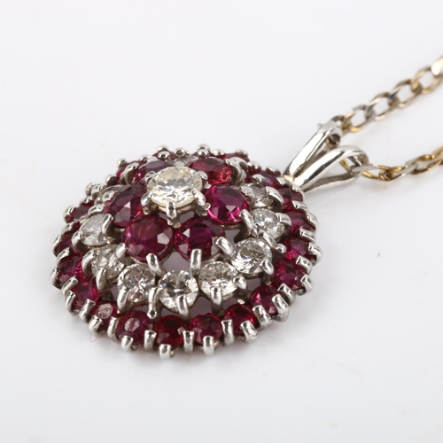 117 - A modern ruby and diamond cluster target pendant necklace, unmarked white gold settings with round-c... 