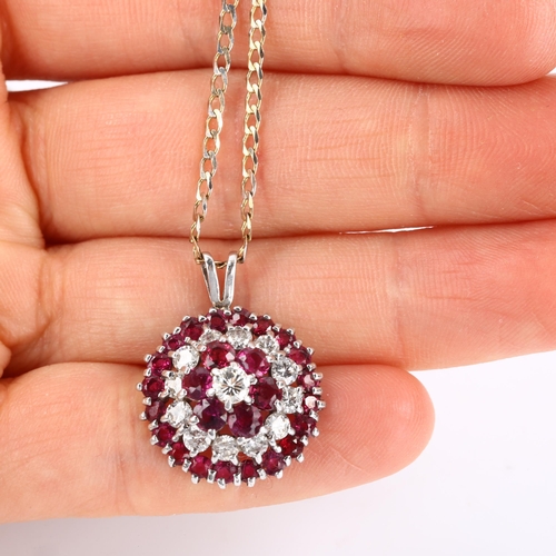 117 - A modern ruby and diamond cluster target pendant necklace, unmarked white gold settings with round-c... 