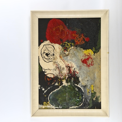 2110 - Mid-20th century oil on board, abstract still life, indistinctly signed, 59cm x 40cm, framed