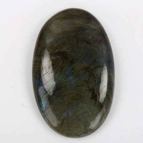 263 - An unmounted 76.40ct oval cabochon labradorite, 43.23mm x 27.42mm x 7.86mm, with IDT gemstone report... 