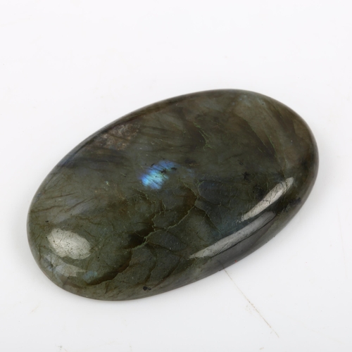 263 - An unmounted 76.40ct oval cabochon labradorite, 43.23mm x 27.42mm x 7.86mm, with IDT gemstone report... 