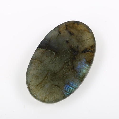 263 - An unmounted 76.40ct oval cabochon labradorite, 43.23mm x 27.42mm x 7.86mm, with IDT gemstone report... 