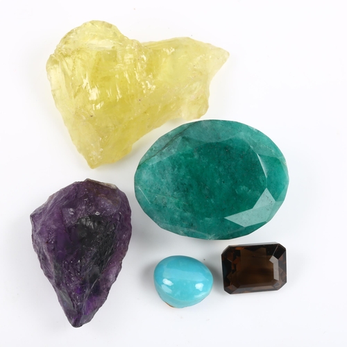 264 - 5 unmounted gemstones, comprising 9ct turquoise, 12ct smoky quartz, 117ct emerald, 87ct lemon quartz... 