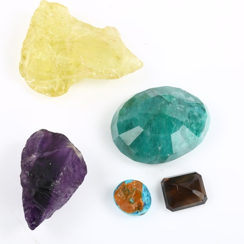 264 - 5 unmounted gemstones, comprising 9ct turquoise, 12ct smoky quartz, 117ct emerald, 87ct lemon quartz... 