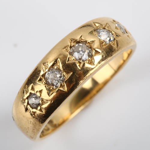 276 - An Antique 18ct gold graduated five stone diamond gypsy ring, set with old-cut diamonds, total diamo... 