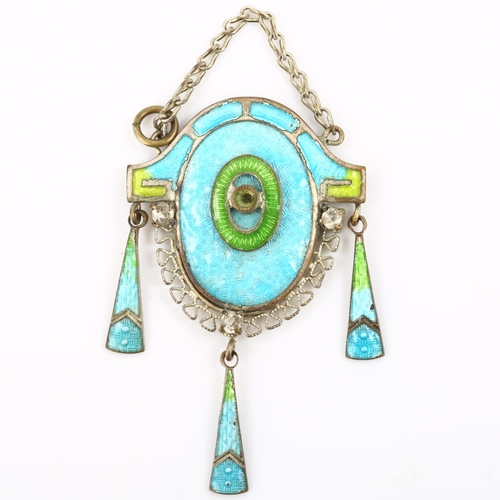 279 - An Art Deco chrome plate paste and enamel geometric pendant, with enamel drops, pendant height 62mm,... 