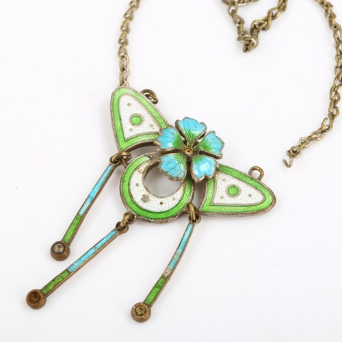 280 - An Art Nouveau chrome plate enamel floral drop pendant necklace, on plated chain (A/F), pendant heig... 