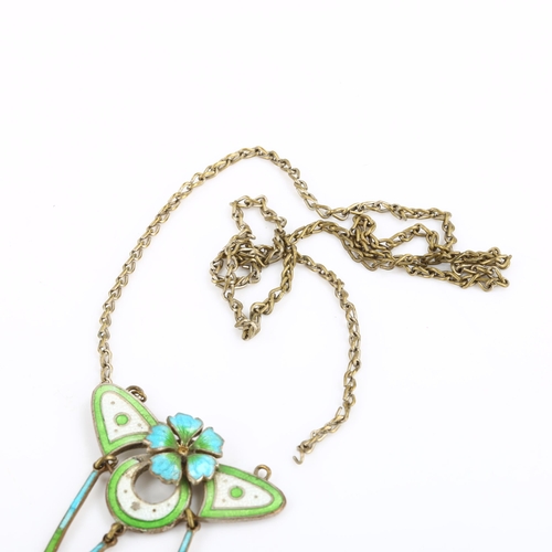 280 - An Art Nouveau chrome plate enamel floral drop pendant necklace, on plated chain (A/F), pendant heig... 