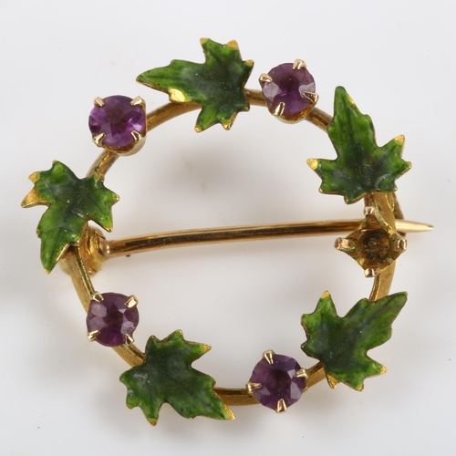 281 - A small Continental 14ct gold amethyst and enamel leaf wreath brooch, diameter 19.7mm, 1.9g