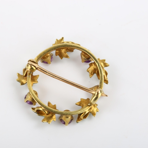 281 - A small Continental 14ct gold amethyst and enamel leaf wreath brooch, diameter 19.7mm, 1.9g