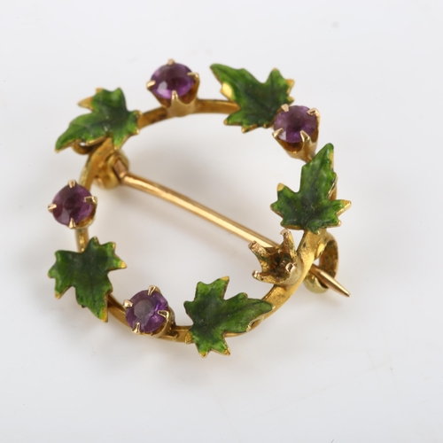 281 - A small Continental 14ct gold amethyst and enamel leaf wreath brooch, diameter 19.7mm, 1.9g