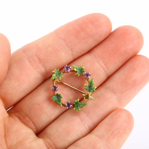 281 - A small Continental 14ct gold amethyst and enamel leaf wreath brooch, diameter 19.7mm, 1.9g