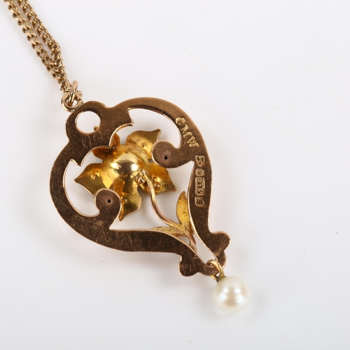 285 - An Edwardian 9ct rose gold pearl floral openwork pendant necklace, on later 9ct fine curb link chain... 