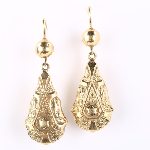 289 - A pair of 9ct gold pendant earrings, relief embossed decoration with lock fittings, earring height 5... 