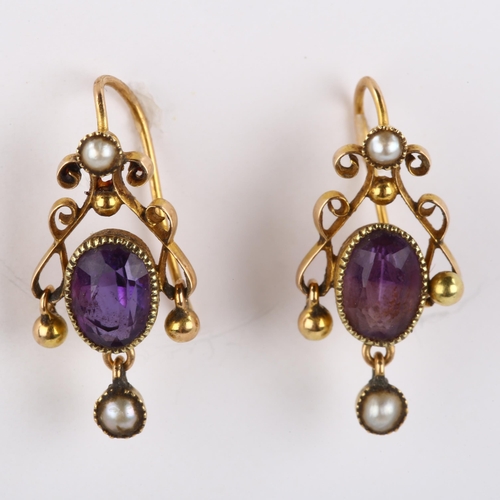 290 - A pair of early 20th century 15ct gold amethyst and pearl earrings with en tremblant drops and sheph... 