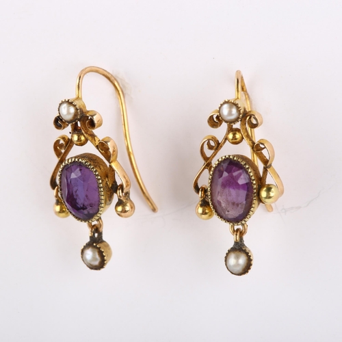 290 - A pair of early 20th century 15ct gold amethyst and pearl earrings with en tremblant drops and sheph... 