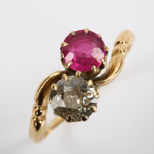 294 - An Antique 18ct gold ruby and diamond crossover ring, set with round-cut ruby and old European-cut d... 