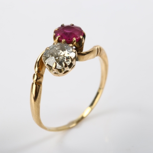 294 - An Antique 18ct gold ruby and diamond crossover ring, set with round-cut ruby and old European-cut d... 