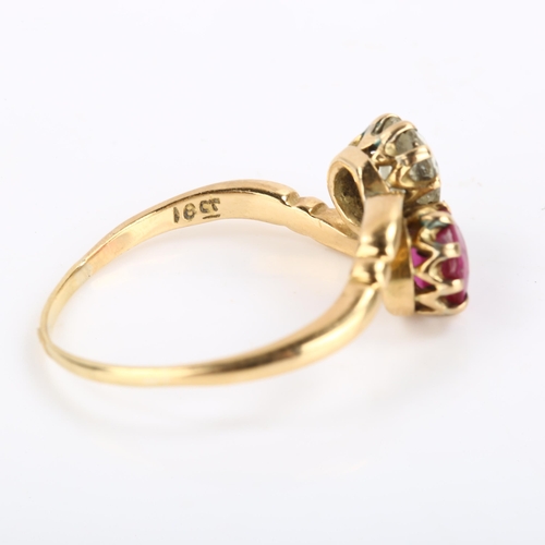 294 - An Antique 18ct gold ruby and diamond crossover ring, set with round-cut ruby and old European-cut d... 