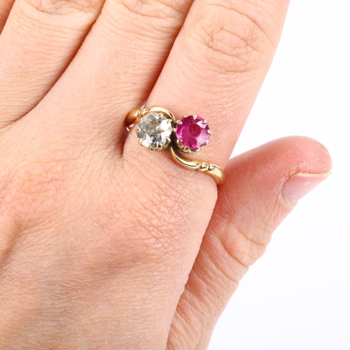 294 - An Antique 18ct gold ruby and diamond crossover ring, set with round-cut ruby and old European-cut d... 