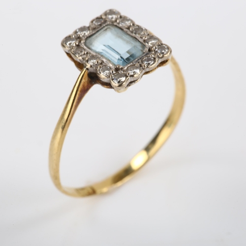 296 - An Antique 18ct gold aquamarine and diamond rectangular cluster ring, set with rectangular step-cut ... 