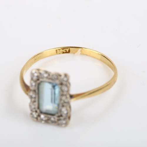 296 - An Antique 18ct gold aquamarine and diamond rectangular cluster ring, set with rectangular step-cut ... 