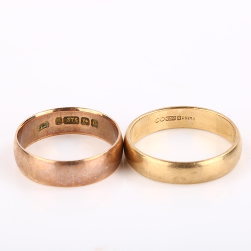 298 - 2 x 9ct gold wedding band rings, hallmarks Birmingham 1913 and London 1967, largest band width 6.6mm... 