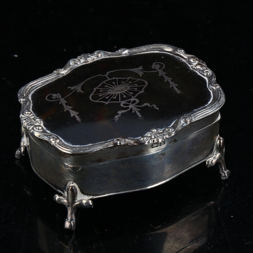 315 - A small George V silver and tortoiseshell pique inlaid dressing table jewel casket, by E S Barnsley ... 