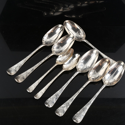 322 - A set of 6 George II silver spoons, and similar smaller pair, with bright-cut engraved rose decorati... 