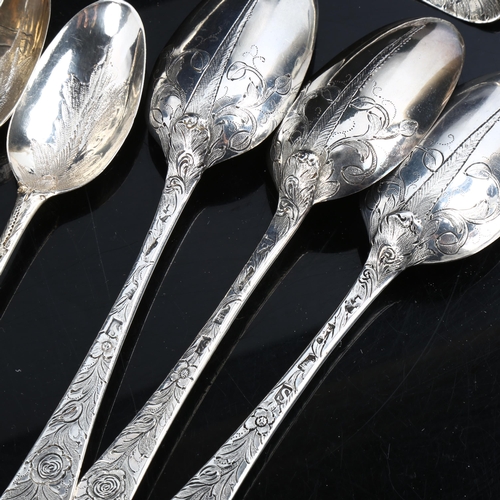 322 - A set of 6 George II silver spoons, and similar smaller pair, with bright-cut engraved rose decorati... 