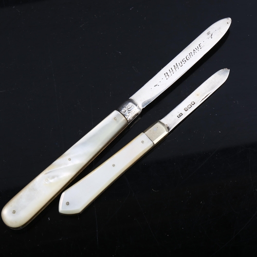 325 - 2 Antique silver mother-of-pearl handled fruit knives, hallmarks Sheffield 1898 and 1902, largest bl... 