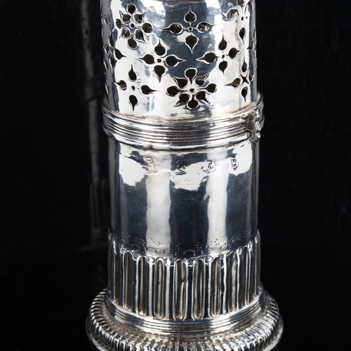 328 - A late 17th century silver lighthouse sugar caster, relief embossed fluted decoration with original ... 