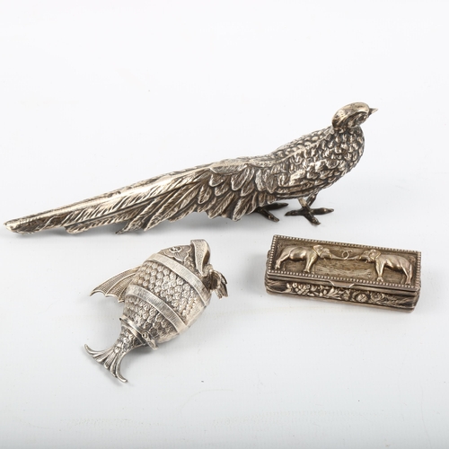 334 - Various silver, including model pheasant, fish pepperette, and elephant box, pheasant length 16cm, 2... 