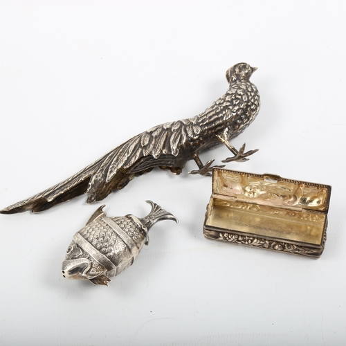 334 - Various silver, including model pheasant, fish pepperette, and elephant box, pheasant length 16cm, 2... 