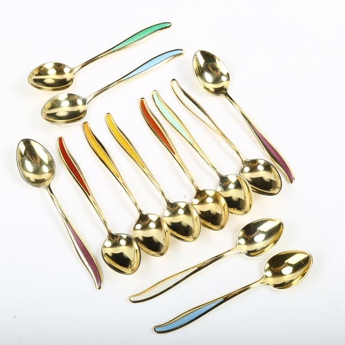 346 - ABSA - a set of 12 Danish vermeil sterling silver and harlequin enamel coffee spoons, length 9cm