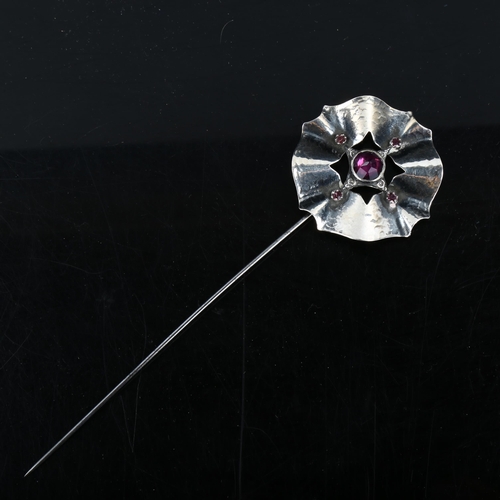 349 - An Arts and Crafts unmarked silver and amethyst hat pin, possible by Guild of Handicrafts, head diam... 