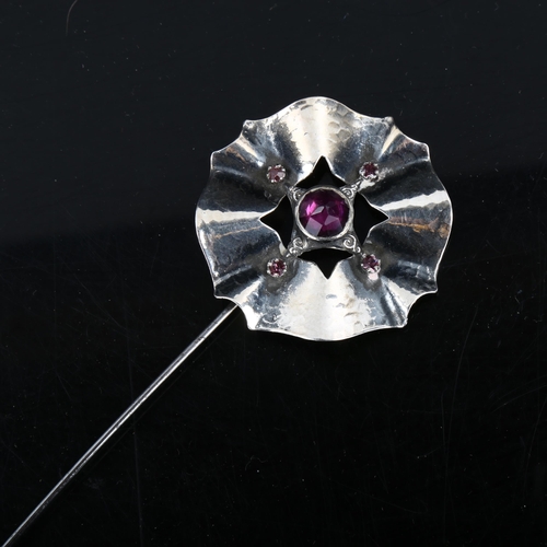 349 - An Arts and Crafts unmarked silver and amethyst hat pin, possible by Guild of Handicrafts, head diam... 