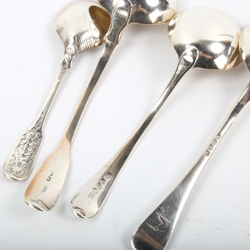 355 - 3 Antique silver sauce ladles, and a Victorian silver condiment spoon, 7.3oz total (4)