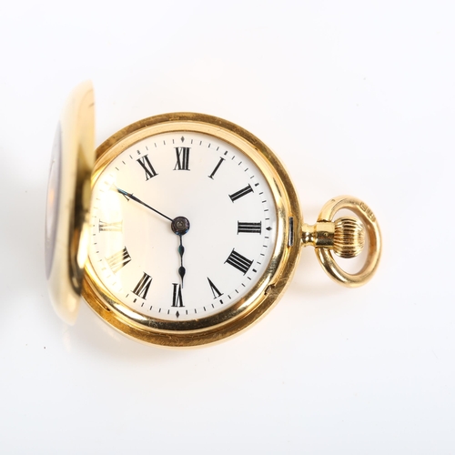 15 - A miniature Swiss 18ct gold half hunter pocket watch, white enamel dial with Roman numeral hour mark... 