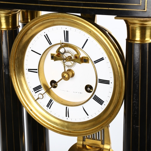 3 - A 19th century ebonised 8-day 4-pillar Portico clock under glass dome, by Bazelaire of Paris, white ... 