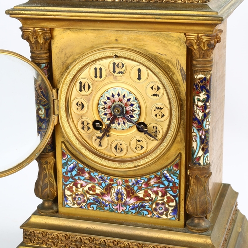 4 - A 19th century French gilt-brass champleve enamel 8-day mantel clock, by Japy Freres, brass dial wit... 